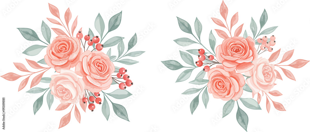 Obraz premium Two symmetrical floral arrangements with pink roses and green leaves on white background for decoration or design