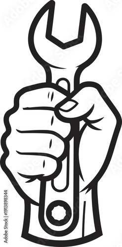 Illustrative representation of a firm hand gripping a sturdy wrench, symbolizing hard work, repair, and skilled mechanical assistance