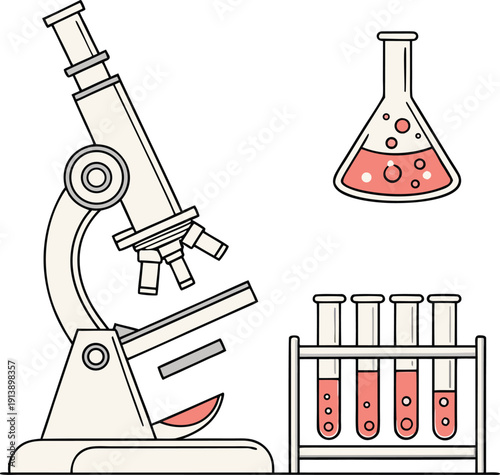 Explore scientific discovery with this detailed illustration of a scientist at work in a laboratory setting, complete with microscope, test tubes, and beaker