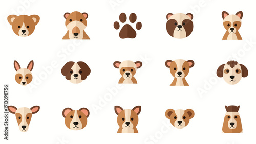 Collection of cute cartoon animal faces, dogs, cats, and paws