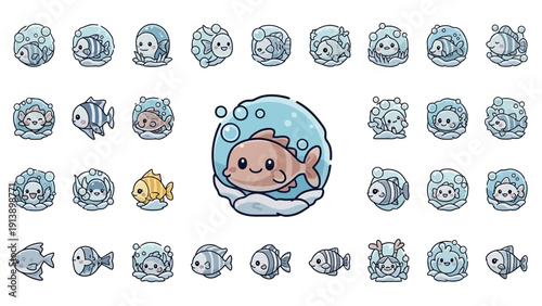 Collection of cute kawaii fish characters in bubbles