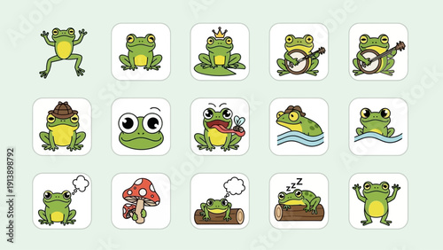 Charming cartoon frog characters set with diverse poses and expressions.
