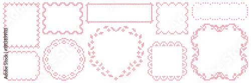 Embroidered cross-stitch border frame asset pack. Hand drawn retro hatch element with leaf, flower and scallop edges. Vector isolated shape.