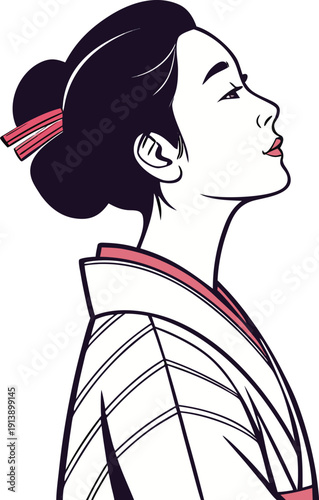Vector illustration of a woman in traditional Japanese kimono isolated on white background