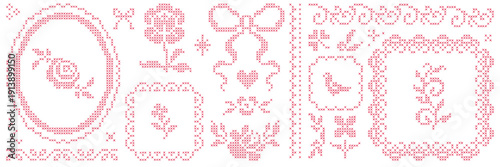 Embroidered cross-stitch element asset pack. Hand drawn retro hatch frame, bow, flower and shape. Vector isolated shape.