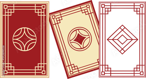 Asian style playing card icons, set of 3. Includes red, gold, and white cards with geometric designs. Created in vector style with red and gold color palette.