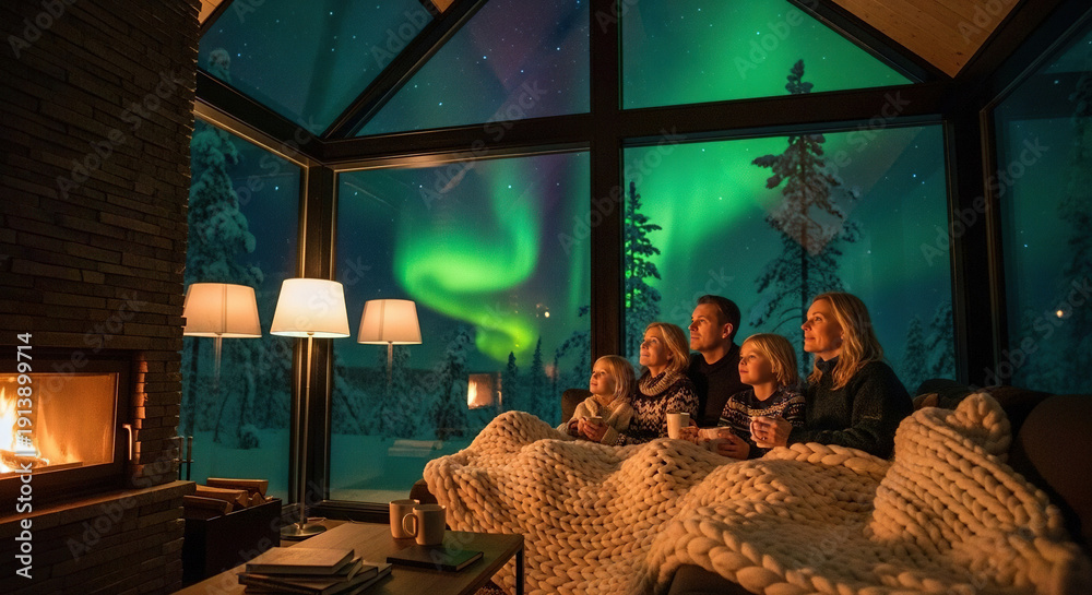 custom made wallpaper toronto digitalFamily enjoying aurora borealis in cozy cabin during winter night