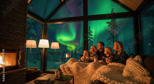 Wallpaper Mural Family enjoying aurora borealis in cozy cabin during winter night Torontodigital.ca