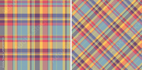 Check pattern plaid of background tartan seamless with a vector texture fabric textile. Set in stylish colors for colorful fashion choices in vibrant look.