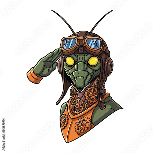 Steampunk Bug Pilot Saluting. Detailed Retro Insect Character in Aviator Helmet and Gears. Isolated Mascot Illustration.