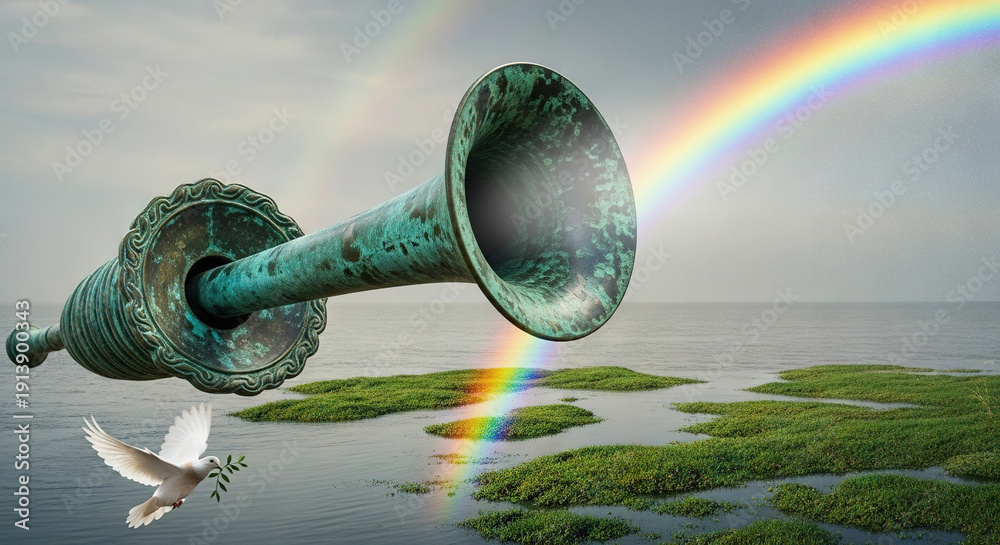 custom made wallpaper toronto digitalCopper trumpet with rainbow over water, dove flying with olive branch