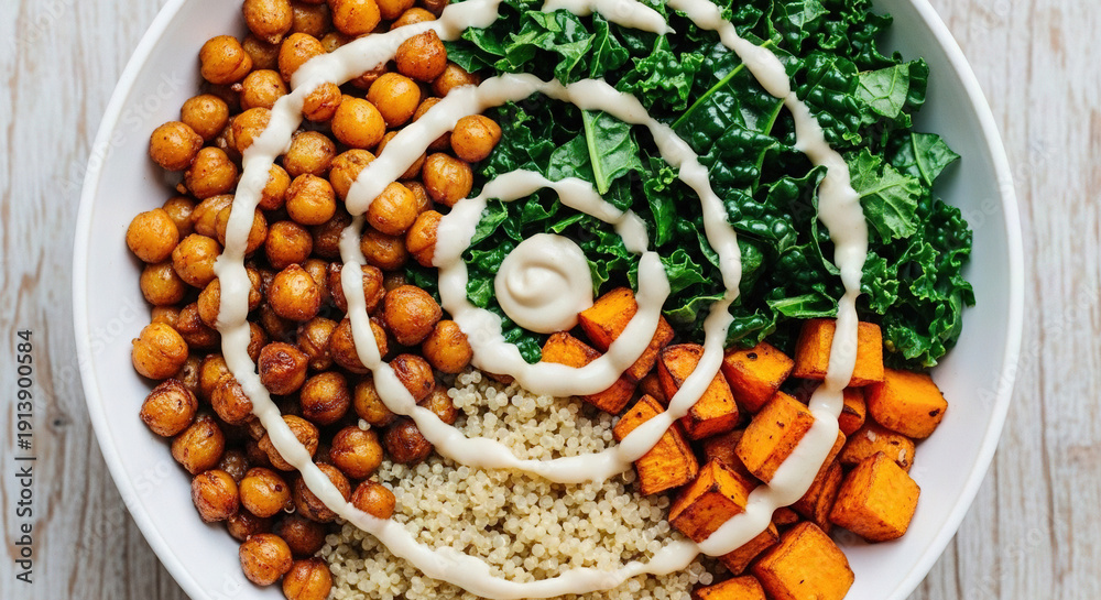 custom made wallpaper toronto digitalHealthy meal with roasted chickpeas, sweet potato, quinoa, kale, and creamy sauce