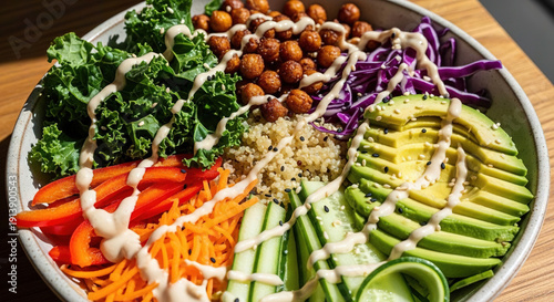 Wallpaper Mural Vibrant Vegan Bowl with Drizzled Sauce on Wooden Table Torontodigital.ca