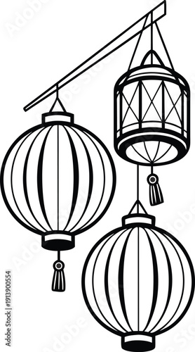 Three hanging traditional Asian lanterns in black and white outline vector illustration, featuring two round paper lanterns and one cylindrical drum-style lantern with tassels