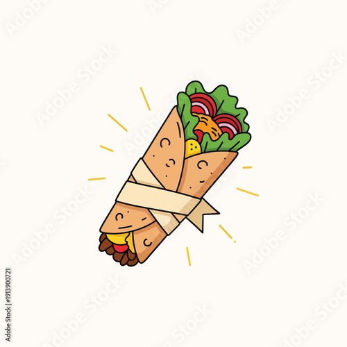 Vibrant Vector Illustration of a Delicious, Freshly Prepared Street Food Wrap on a Bright Background