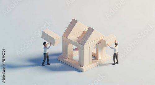 Wallpaper Mural Two people constructing a wooden building with blocks Torontodigital.ca