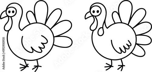 Cute turkey outline drawing set, black and white cartoon thanksgiving bird coloring page for kids printable farm animal clipart
