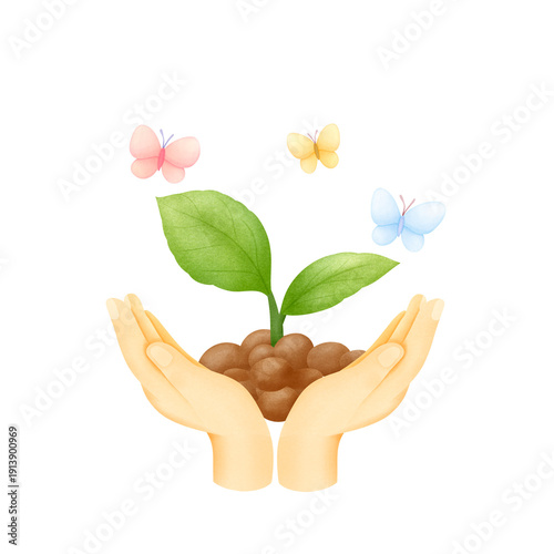 hand holding sprout with butterfies