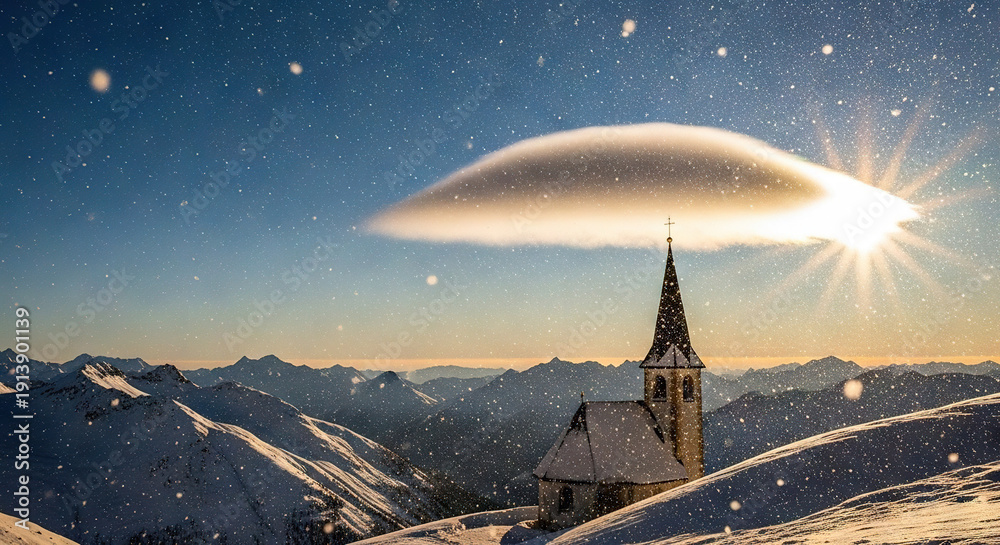 custom made wallpaper toronto digitalUFO hovering over snow-capped mountain village at sunset