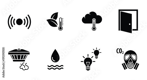 Black icons representing weather pollution and smart home technology