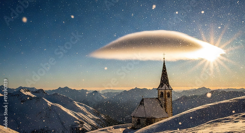 Wallpaper Mural UFO hovering over snow-capped mountain village at sunset Torontodigital.ca