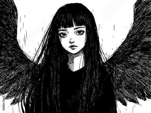 vector illlustration of gothic black angel girl isolated on white 