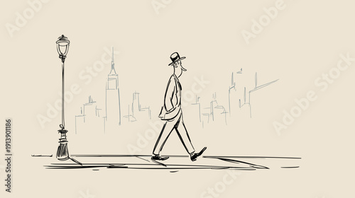 Фотография vector illustration of a man walking on the city street
