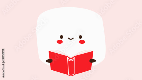 Cute marshmallow character reading a red book on pink background flat vector illustration