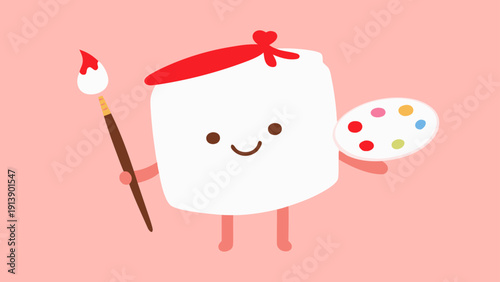 Cartoon marshmallow character painting with a brush and palette on pink background