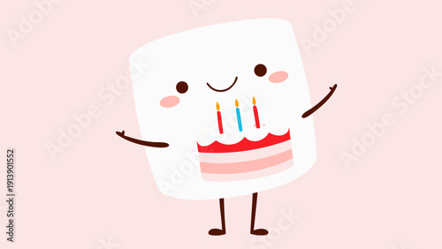 Cute cartoon marshmallow character holding a birthday cake with colorful candles on pink background
