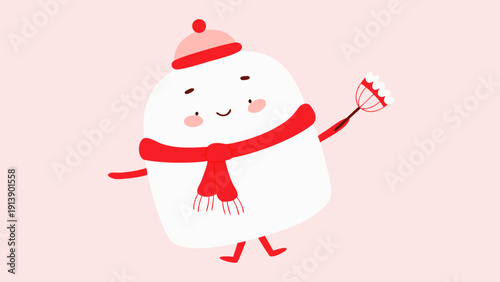 Cute marshmallow character wearing red scarf and hat holding candy cane on pink background