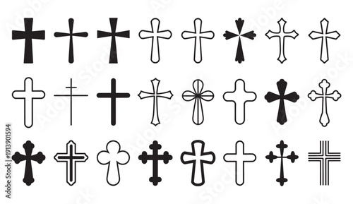 Christian cross icon set. Religion, latin cross silhouette, faith cross, crosses - stock vector.