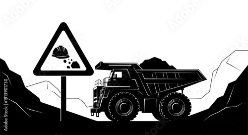 Mining Truck with Falling Rocks Warning Sign.