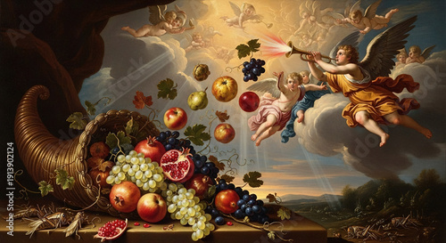 Wallpaper Mural Cherubic Figures Blowing a Trumpet Over Abundant Fruits Torontodigital.ca