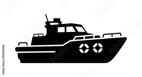 Black silhouette of a boat with navigation equipment on a white background.