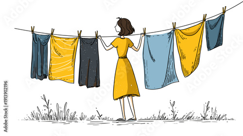 clothes hanging on a clothesline with girl vector illustration of homework washing 