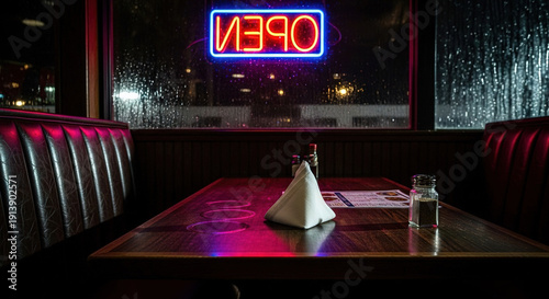 Wallpaper Mural Retro neon sign above empty table in dimly lit bar Torontodigital.ca