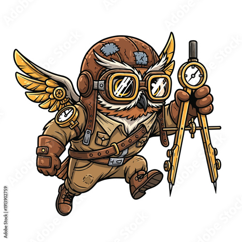 Dynamic Steampunk Owl Pilot Mascot Running with Golden Drafting Compass. Vintage Explorer Character Vector Illustration.