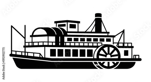 Vintage black and white illustration of a paddle steamer boat.