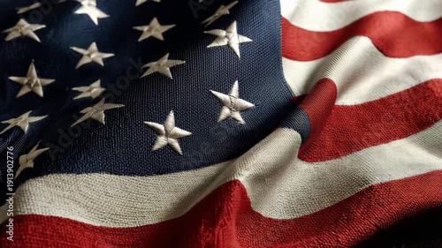 Close up view of American flag fabric showing red and blue sections with white stars and stripes