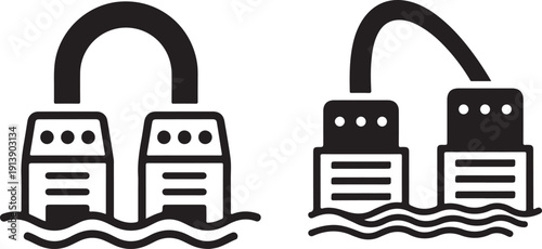 Two black and white vector icons depicting a padlock and keys submerged in water, symbolizing security, protection, or unlocking secrets in a conceptual, abstract design.