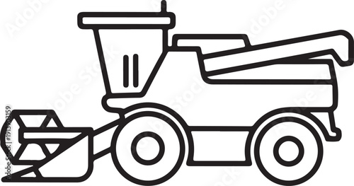 A simple line art icon of a combine harvester, a agricultural machine used for harvesting grain crops, representing farming, agriculture, and food production in a clean style.
