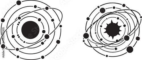 Abstract vector illustration of solar system models, depicting planetary orbits around a central star or nucleus, symbolizing space and science.