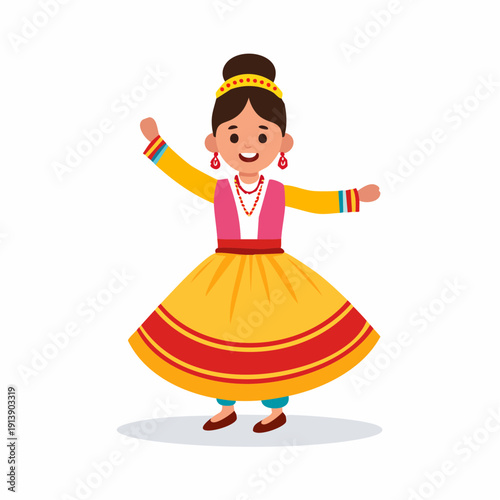 Joyful girl in traditional attire dancing happily, celebrating a festival with arms raised in glee.