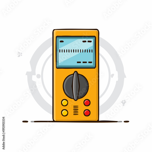 Cartoon digital multimeter showing voltage readings electrical device