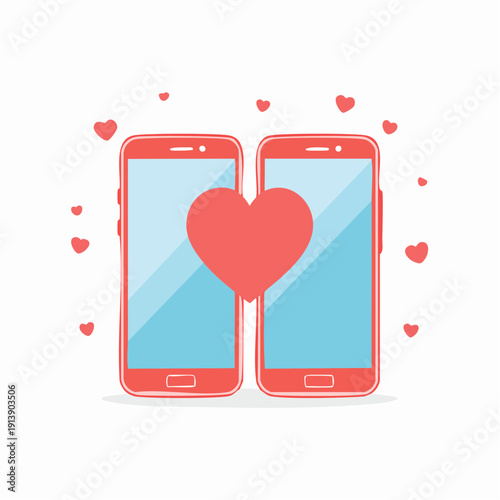 Two smartphones connected by a heart illustration for Valentine's Day or love concept.