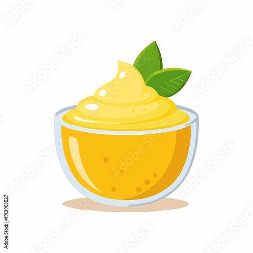 Graphic illustration of a bowl with yellow cream and green leaves.
