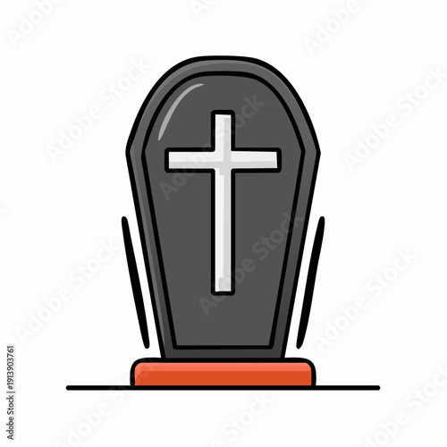 Cartoon illustration of a coffin with a white cross for Halloween or Day of the Dead.