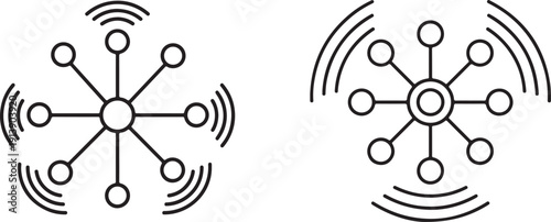 Stylized radial diagrams with central hub and radiating spokes connected to circular nodes, emitting sound waves, symbolizing connectivity, signals, and communication.