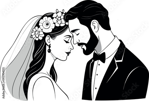 Elegant black and white illustration of a bride and groom in a romantic embrace, wedding couple silhouette with floral headpiece.